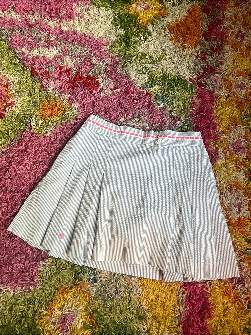 Vintage Lilly Pulitzer White and Blue Seersucker Pleated Skirt with Pink Trim